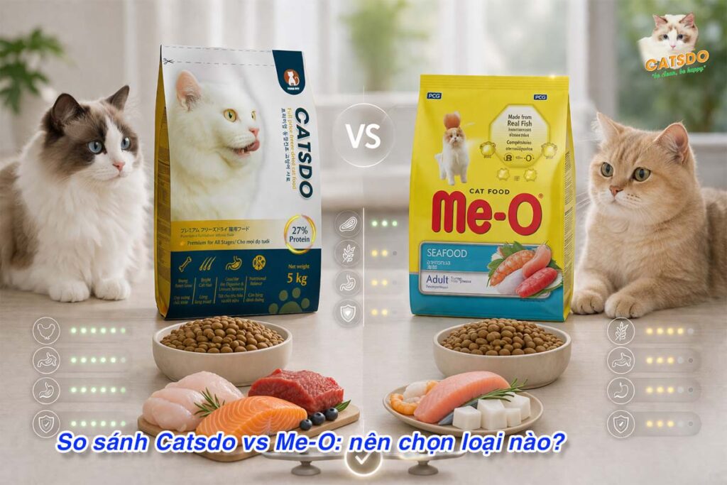 so sánh thức ăn mèo Catsdo và Me-o
