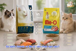 so sánh thức ăn mèo Catsdo và Me-o