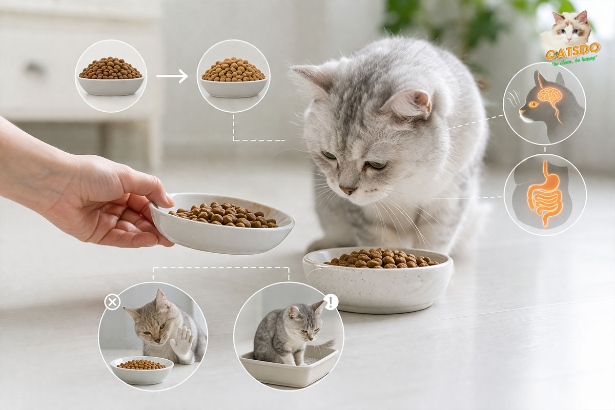 thay đổi thức ăn đột ngột khiến mèo không ăn hạt