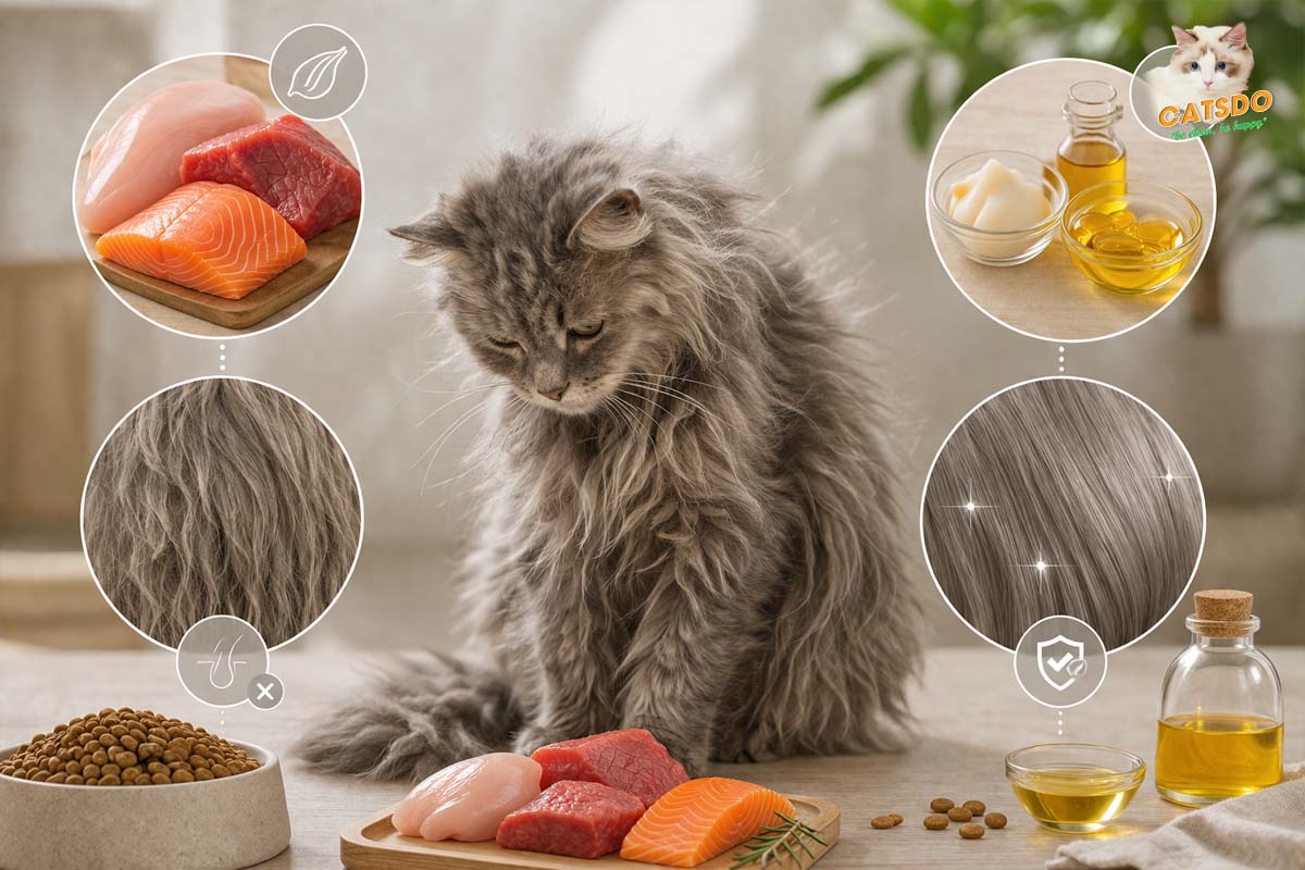thiếu đạm và chất béo làm lông mèo xấu
